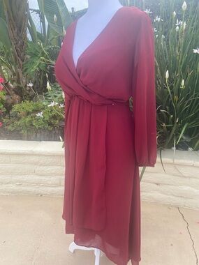 Ever Pretty Red Wrap Midi Dress with Long Sleeves